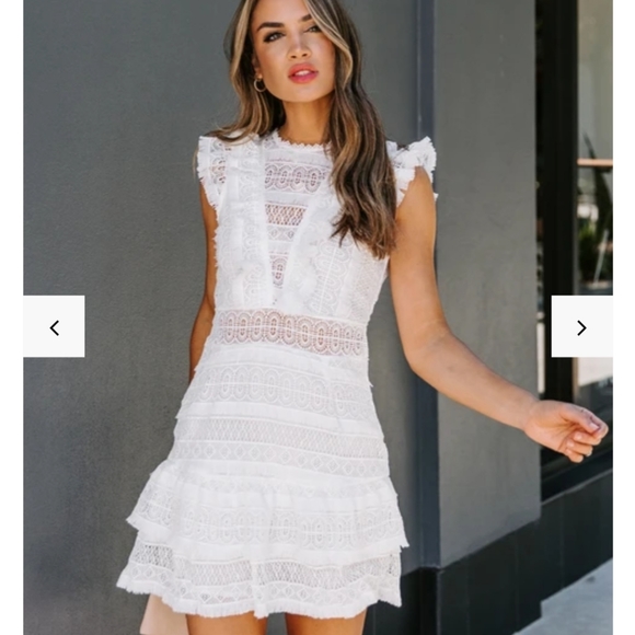 Vici Dresses & Skirts - Vici Dominique White Crochet Fringe Ruffle Dress